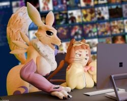 2026 3d_(artwork) 4_fingers 5:4 absurd_res anthro ass bandai_namco black_sclera blender_(artwork) blue_eyes blurred_background breasts brown_body brown_eyes brown_fur canid canine claws clothing computer_keyboard computer_mouse digimon digimon_(species) digital_media_(artwork) domestic_cat double_tomoe dress duo e621 electronics eyewear felid feline felis female fingers fox fur furniture gameoverse glitch_productions gloves goggles half-closed_eyes handwear heartlessangel3d hi_res kit_bodega mammal microsoft mostly_nude narrowed_eyes nipples open_mouth raised_tail red_eyes renamon table tail teeth tomoe_(symbol) tongue white_body white_fur yellow_body yellow_fur yin_yang