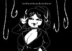1girl 4chan :3 bait bait-chan black_background black_hair black_jacket black_sclera buttons cleavage collared_jacket colored_skin drawfag fish_girl greentext hand_on_own_hip hat huge_breasts jacket laughing long_hair looking_at_viewer meme mesugaki simple_background smug solo upper_body v white_eyes white_skin
