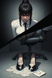 ai_generated angry angry_face clenched_teeth cum_in_shoe dark_hair hair_bun office_lady perchance_ai smiley_face split_image