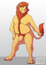 1boy 2016 4_toes anthro balls belly body_hair brown_eyes claws feline flaccid front_view fur happy_trail hi_res hindpaw holding_tail humanoid_penis inner_ear_fluff kaspian lion male male_only mammal mane moobs nipples nude paws penis pink_nipples pink_nose pubes simple_background skaifox slightly_chubby smile solo standing tan_fur teeth thick_penis toe_claws toes uncut watermark