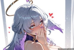 1girl ahoge ai_assisted ai_generated angel angel_wings bangs bare_shoulders blue_eyes blue_hair blue_nails blush breasts covering_mouth crown curvaceous curvy curvy_female curvy_figure eyebrows_visible_through_hair feathered_wings female fingernails hair_between_eyes halo heart heart-shaped_pupils heart_ahoge honkai:_star_rail honkai_(series) long_hair looking_at_viewer mini_crown miyuai nail_polish pink_nails robin_(honkai:_star_rail) solo striped striped_background symbol-shaped_pupils thick thick_ass thick_butt thick_hips thick_legs thick_thighs vertical_stripes voluptuous voluptuous_female white_wings wide_hips wide_thighs wings