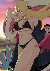 1girls arm_behind_head artist_request bare_shoulders big_breasts bikini black_bikini black_coat blonde_hair breasts cleavage coat cynthia_(pokemon) grey_eyes hair_ornament hair_over_one_eye holding_poke_ball large_breasts long_hair long_sleeves looking_at_viewer navel open_clothes poke pokemon pokemon_dppt swimsuit very_long_hair