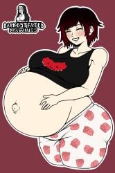 1girls ass blush breasts darkestfated enjoying_pregnancy eyes_closed female hand_on_belly huge_ass huge_breasts pajamas pattern_bottomwear popped_navel pregnant ready_to_pop red_hair rubbing_belly ruby_rose rwby thick_thighs viz_media wide_hips