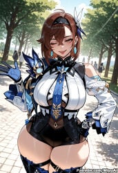 1girl ;p ai_assisted ai_generated ayase_momo bangs bare_shoulders black_shorts blue_neckwear blush breasts brown_eyes brown_hair curvaceous curvy curvy_female curvy_figure dandadan detached_sleeves earrings female gloves hair_ornament hairband hand_on_hip jewelry looking_at_viewer miyuai momo_ayase one_eye_closed outdoors short_hair shorts skindentation sleeveless smile solo thick thick_ass thick_butt thick_hips thick_legs thick_thighs thighhighs thighs tongue tongue_out tree voluptuous voluptuous_female wide_hips wide_thighs