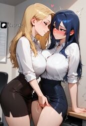 2girls ai_generated big_breasts big_penis blonde_hair blue_hair blush charv fingering lesbian long_hair office office_lady on_wall pressed_against_wall secretary yuri