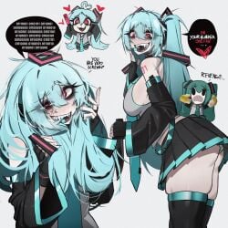 1girls ass big_ass big_breasts binary_code blue_eyes breasts clothed clothing crazy crazy_eyes crazy_smile dialogue english_text female glitchace hatsune_miku looking_at_viewer miniskirt panties pearto red_eyes sharp_teeth simple_background skirt spoken_heart stockings talking_to_viewer text tie twintails upskirt vocaloid yandere