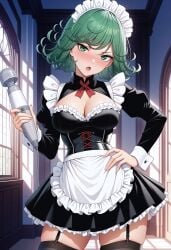 :o ai_generated alternate_breast_size alternate_costume apron black_dress black_thighhighs blush breasts cleavage cleavage_cutout clothing_cutout corset cowboy_shot cross-laced_clothes curly_hair dress enmaided female flipped_hair frilled_apron frilled_dress frills garter_straps green_eyes green_hair hand_on_own_hip hitachi_magic_wand holding indoors juliet_sleeves large_breasts long_sleeves looking_at_viewer maid maid_apron maid_headdress medium_breasts neck_ribbon one_punch_man open_mouth puffy_sleeves red_ribbon ribbon sex_toy shadowrealmarts short_hair skindentation solo standing sweatdrop tatsumaki thighhighs thighs uncensored underbust v-shaped_eyebrows vibrator waist_apron white_apron window wrist_cuffs zettai_ryouiki