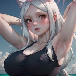 1girls ai_generated armpits arms_up big_breasts breasts cerberus_(helltaker) cleavage close-up clothing demon demon_girl dog_ears dog_girl female female_only helltaker long_hair nipple_bulge outdoors red_eyes solo standing tank_top white_hair