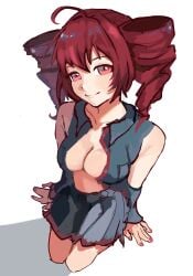 1girls 2d 2d_(artwork) ahoge big_breasts breasts cleavage clothing female female_only high-angle_view kasane_teto large_breasts looking_at_viewer looking_up meatcat nail_polish painted_nails red_eyes red_hair red_nails sitting skirt solo solo_female thighs twin_drills unbuttoned unbuttoned_shirt utau white_background