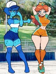2girls baseball_cap big_breasts blue_eyes blue_hair fat_ass lapis_lazuli_(bob) lapis_lazuli_(gem) lapis_lazuli_(steven_universe) monmaamn orange_hair pixel_art princess_daisy soccer_uniform steven_universe super_mario_bros. tagme thick_thighs
