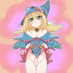 1boy bare_shoulders blonde_hair blush blush_stickers censored clothes_lift cowboy_shot dark_magician_girl duel_monster erection genderswap_(ftm) green_eyes hair_between_eyes lifting_own_clothes long_hair looking_at_viewer male male_focus mosaic_censoring no_panties penis rule_63 shirukor18 skirt skirt_lift solo standing thigh_gap trap yu-gi-oh!