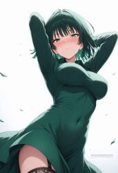 ai_generated arms_behind_head arms_up black_hair black_thighhighs blush breasts covered_navel cowboy_shot dress female from_below fubuki_(one-punch_man) garter_straps green_dress green_eyes green_hair impossible_clothes large_breasts long_sleeves looking_at_viewer one_punch_man parted_lips shadowrealmarts short_hair simple_background solo taut_clothes taut_dress thighhighs thighs uncensored white_background