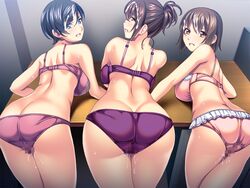 3girls ass ass_cleavage back bare_arms bare_legs bare_shoulders bent_over bent_over_desk bent_over_table black_hair blue_eyes bra breasts brown_hair butt_crack censored clenched_teeth cum cum_on_hair eyebrows eyebrows_visible_through_hair facial from_behind game_cg highres large_breasts legs looking_back mosaic_censoring multiple_girls panties ponytail pussy_juice sakura_romako shain_kyouiku:_koremade_no_urami,_subete_harashiteyaru! short_hair sweat table take_your_pick thighs tied_hair underwear wet yellow_eyes