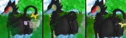 absurd_res alpha_pokemon ambiguous_gender anal anal_head_gulp anal_slime anal_vore anus balls black_body black_fur blue_body blue_eyes blue_fur blush bodily_fluids dialogue duo felid feline feral forest fur generation_1_pokemon generation_4_pokemon genitals hi_res legendary_pokemon looking_at_another looking_at_viewer looking_back looking_back_at_another looking_back_at_viewer luxray male male/ambiguous mammal mew_(pokemon) nintendo obligatorycube onomatopoeia open_mouth penetration plant pokemon pokemon_(species) quadruped saliva slime sound_effects tail tail_fetish tail_insertion tail_play text tongue tongue_out tree vore