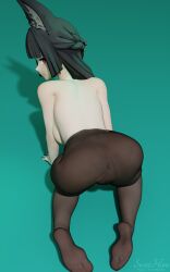 1girls 3d amber_eyes arched_back dark_hair fox_ears hime_cut hoshimi_miyabi hoyoverse looking_back mihoyo presenting presenting_hindquarters see-through see-through_clothing sideboob simple_background solo stockings sweethime zenless_zone_zero