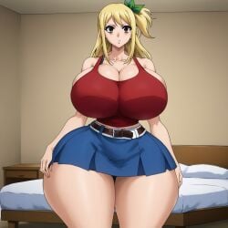 ai_generated blue_skirt fairy_tail huge_breasts jay-marvel_(style) lucy_heartfilia red_tank_top ribbon tagme thick_thighs wide_hips
