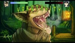 acidic american_opossum anthro black_hair bodily_fluids canid canine cheek_tuft clothed clothing duo facial_tuft fur gameplay_mechanics gui hair health_bar hi_res lamp lantern lying male mammal marsupial mouth_shot narrowed_eyes night nude on_front on_tongue open_mouth outside saliva saliva_string short_hair tan_body tan_fur tongue tuft vomit yellow_eyes