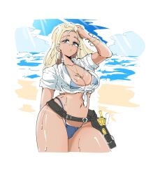 1girls artist_request bandage bandage_on_nose beach belt blonde_hair blue_eyes blue_swimsuit bracelet bracelets breasts centi_(nikke) centi_(ocean_repair)_(nikke) cleavage earrings female female_focus female_only goddess_of_victory:_nikke hi_res long_hair looking_at_viewer navel necklace ocean official_alternate_costume pov see-through_clothing shirt swimsuit tanline tanned_female tanned_skin thighs thighs_together tool_belt wet wet_skin