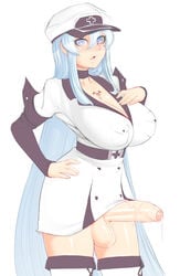 1futa akame_ga_kill! balls bimbo breasts cleavage curvy erection erection_under_clothes erection_under_skirt esdeath_(akame_ga_kill!) futa_only futanari huge_breasts intersex large_balls large_penis long_hair looking_at_viewer mascara necrosmos no_panties penis penis_out penis_under_clothes penis_under_skirt precum precum_drip skirt skirt_lift solo