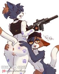 absurd_res anthro anus armor ass beanie beanii body_armor calico_cat cate_meowdy_(fortnite) clothing domestic_cat duo ear_piercing epic_games felid feline felis female female/female fortnite genitals gun hat headgear headwear hi_res holding_object holding_weapon looking_at_viewer mammal meow_skulls patreon piercing presenting presenting_hindquarters pussy ranged_weapon spread_butt spreading tattoo text url vulva weapon yellow_eyes