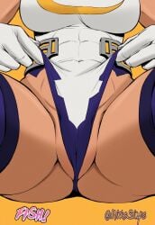 1girls artist_collaboration artist_name ass boku_no_hero_academia breasts cameltoe colorized commentary covered_abs covered_navel crescent_print crotch_focus dark-skinned_female dark_skin english_commentary female gloves head_out_of_frame highleg highleg_leotard highres large_breasts leotard leotard_pull lower_body mirko mirkosimps miruko orange_background parallaxfused pulling_own_clothes purple_thighhighs rumi_usagiyama simple_background solo spread_legs taut_leotard thick_thighs thighhighs thighs toned toned_female twitter_username white_gloves white_leotard