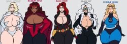 5girls big_breasts black_cat_(marvel) black_widow_(marvel) blonde_hair blue_eyes blueartfiend breast_chart breast_size_comparison breasts breasts brown_hair catsuit dark-skinned_female emma_frost felicia_hardy female green_eyes huge_breasts invisible_woman large_breasts leather light-skinned_female marvel marvel_comics natasha_romanoff red_hair scarlet_witch sleeveless sue_storm thick_thighs thighs wanda_maximoff white_hair white_queen