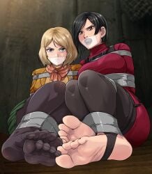 2girls ada_wong arms_tied_behind_back ashley_graham black_hair blonde_hair blue_eyes bondage bound_ankles brown_eyes lostonezero resident_evil_4 sock_gag stuffed_mouth_gag tape_bondage tape_gag