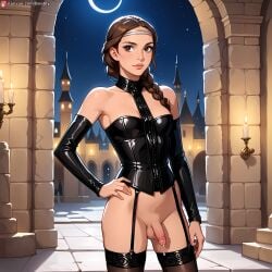 ai_generated boobly braided_hair brown_hair corset flaccid futanari garter_straps padme_amidala precum standing star_wars