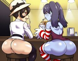 anus ass ass_focus blue_skin bottomless casual_nudity dynamo-x exhibitionism female filia_(skullgirls) hat milkshake public_nudity skullgirls squigly