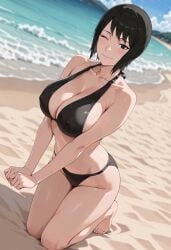 1girls ai_generated bare_legs bare_shoulders barefoot bikini black_hair breasts cleavage day erect_nipples erect_nipples_under_bikini feet female female_focus female_only full_body knees_together_feet_apart light_particles long_hair looking_at_viewer midriff naruto naruto_(series) naruto_shippuden nipples ocean one_eye_closed pig pinup posing sand seaside sexy_pose shizune shore side-tie_bikini smile sparkles spread_legs summer sunlight swimsuit toes v_arms vamprose00 water wink