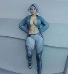 1girls abdominals abs big_breasts big_hips blue_eyes blue_hair bright_hair female female_focus female_only fortnite fortnite:_battle_royale hands_behind_back jacket jacket_open jean_jacket lightrider_(fortnite) looking_at_viewer pants perete short_hair smiling smiling_at_viewer sport_clothes thick thick_thighs wet wet_body wet_breasts wet_skin