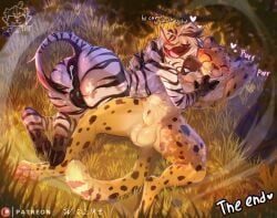 2025 after_sex animal_genitalia anthro backsack balls black_body black_fur blush bodily_fluids cheetah cum cum_in_ass cum_inside detailed_background duo english_text equid equine felid feline fur genital_fluids genitals grass hi_res male male/male mammal markings multicolored_body multicolored_fur pawpads penis plant sheath smile spots spotted_body spotted_fur striped_body striped_fur stripes tan_body tan_fur text white_body white_fur wizzikt zebra