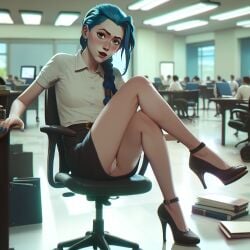 2025 ai_generated arcane arcane_jinx blue_hair blush blush female female_only heels hi_res high_heels high_quality jinx_(arcane) jinx_(league_of_legends) lace_panties league_of_legends leg_up legs legs_crossed office office_chair panties pencil_skirt people_in_background sitting sitting_on_chair skirt stable_diffusion straight tagme thighs underwear white_panties white_shirt