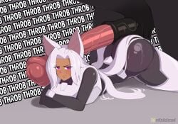absurdres animal_penis artist_name ass black_bodysuit blush bodysuit character_request closed_mouth commentary copyright_request dark-skinned_female dark_skin english_commentary english_text erection fanbox_logo fanbox_username female gigantic_penis grey_background hair_intakes highres horse horse_penis long_hair looking_at_viewer lying notka on_stomach parted_bangs penis purple_eyes sidelocks simple_background sound_effects sweatdrop thick_thighs thighs uncensored veins veiny_penis very_long_hair web_address zoophilia