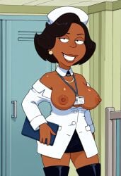 1girls 20th_century_fox 20th_century_studios black_hair black_skirt breasts breasts_out cleavage coat cosplay crossover crossover_cosplay dandadan donna_tubbs family_guy female fox_corporation happy_jack_productions hat id_card joo_(dandadan) joo_(dandadan)_(cosplay) lab_coat large_breasts nipples nurse nurse_cap persons_unknown_productions skirt steven1472 the_cleveland_show