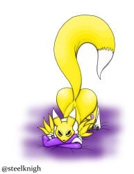 1girls 3_fingers ass_up blue_eyes dark_sclera digimon digimon_(species) digitigrade fox fox_ears fox_girl fox_tail laying_down laying_on_stomach looking_at_viewer monster_girl paws renamon simple_background steelknigh watermark white_fur yellow_body yellow_fur