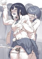 2girls absurdres ayanakitori bad_source bar_censor blush breasts censored chikan closed_eyes clothes_lift cum dress_shirt ejaculation futa_with_female futanari grabbing_another's_breast grinding groping highres long_hair molestation multiple_girls navel open_mouth original panties panty_pull penis pleated_skirt projectile_cum pussy pussy_juice shirt shirt_lift sidelocks skirt sweat tears textless_version thigh_sex tongue train_interior twintails underwear