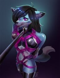ashleyboi bondage bound canid canine clothing femboy fox hair hi_res illustration invalid_tag latex leash legwear long_hair looking_pleasured male mammal mff nipples nyagirl pinup pose restraints rope rope_bondage rope_harness smile teeth thigh_highs tongue