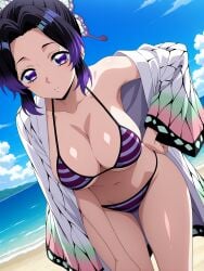 1girls ai_generated bikini demon_slayer kochou_shinobu purple_bikini solo striped_bikini