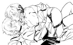 2girls arms_behind_back bang_dream! bang_dream!_it's_mygo!!!!! blush breasts chihaya_anon chinese_commentary commentary_request commission french_kiss gloves greyscale highres kissing lanserongjie large_breasts long_hair monochrome multiple_girls nagasaki_soyo nipples oerba_yun_fang open_mouth restrained second-party_source simple_background skin_fang white_background yuri