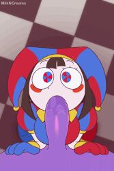1boy 1girls 2d all_the_way_to_the_base animated brown_hair fellatio frame_by_frame glitch_productions jax_(the_amazing_digital_circus) jester jester_hat kneeling_oral_position looking_at_viewer looking_up loop milkncreams oral pomni_(the_amazing_digital_circus) pov purple_penis purple_skin receiving_pov straight the_amazing_digital_circus