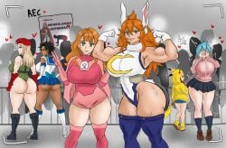 atom_eve_(cosplay) black_clover bocchi_the_rock! cammy_white_(cosplay) charlotte_roselei charmy_papittoson cosplay fans full_body grey_(black_clover) huge huge_ass huge_breasts mereoleona_vermillion mimosa_vermillion mirko_(cosplay) miruko_(cosplay) multiple_girls muscular_female pikachu_(cosplay) posing_for_the_viewer recording sailor_moon_(cosplay) sailor_uniform sol_marron therebeldemon thick_thighs