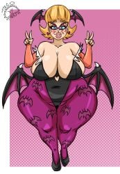 1girls back_at_the_barnyard barnyard_(film) big_breasts blonde_hair blue_eyes breasts cosplay darkstalkers female female_only glasses head_wings huge_breasts large_breasts maikyoh mature_female nora_beady wings