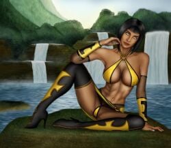 1girls abs areola areolae bare_stomach breasts cleavage clothed collarbone dark_hair detailed_background female female_focus heels long_hair looking_at_viewer midway midway_games mortal_kombat mortal_kombat_1_(2023) navel no_sex only_female short_hair sitting skimpy smile smirking_at_viewer solo solo_female spread_legs tan_body tan_skin tanya_(mortal_kombat) thighhighs tits waterfall white_eyes