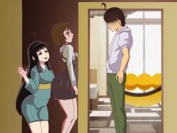 1boy 2d 2girls :3 acting_innocent after_anal after_anal_fisting ahoge araragi_koyomi araragi_tsukihi bakemonogatari bangs behind_wall black_hair blush book brown_eyes brown_hair commission embarrassed eyes_hidden hallway hand_on_mouth hand_wave house kenmaruart7 kimono long_hair looking_back looking_up lube lube_on_hand medium_breasts monogatari_(series) school_uniform sengoku_nadeko shoulder_length_hair skirt sleeves smile standing tagme very_long_hair yuri
