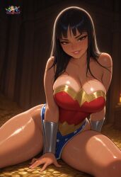 ai_generated arm_behind_head arm_up artist_name bangs black_hair blunt_bangs blush breasts brown_eyes chair chel choker cosplay dark_skin desk doctor_payne dress female large_breasts lips long_hair looking_at_viewer lying patreon_logo patreon_username puffy_short_sleeves puffy_sleeves selfie short_sleeves smile solo tagme thick_thighs thighhighs thighs watermark web_address wonder_woman wonder_woman_(cosplay) wonder_woman_(series)