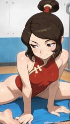 1girls abs ai_generated avatar_the_last_airbender braided_hair brown_eyes brown_hair explicit female flexible gym kinkyfuel large_breasts leotard muscular muscular_female nude solo_focus spread_legs stretching sweat ty_lee wet_body wet_pussy wet_skin
