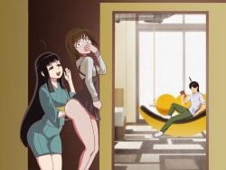 1boy 2d 2girls :3 ahoge anal anal_fisting araragi_koyomi araragi_tsukihi bakemonogatari bangs behind_wall black_hair book brown_eyes brown_hair calling calling_out commission elbow_deep_anal_fisting hallway hand_on_mouth hand_on_stomach hiding holding_back_moans house kenmaruart7 kimono long_hair looking_back looking_up lube lube_in_ass medium_breasts monogatari_(series) no_panties reading school_uniform sengoku_nadeko shoulder_length_hair sitting skirt skirt_up sleeves standing surprised tagme very_long_hair yuri