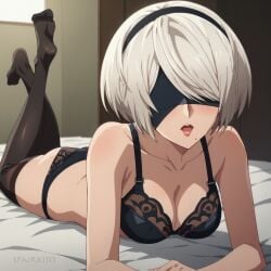 ai_generated black_bra black_panties black_underwear blindfold laying_on_stomach nier:_automata spairk1313 underwear yorha_2b