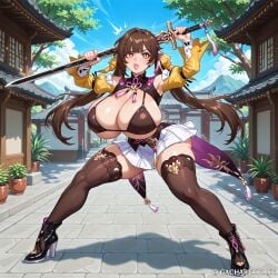 ai_generated big_breasts big_thighs bikini bikini_top bimbo brown_hair brown_hair_female chinese_clothes fighting_stance gachareverse high_heels holding_object holding_weapon honkai:_star_rail lingsha_(honkai:_star_rail) miniskirt outdoors outside pink_lips pixai skirt streets sword tagme thick_thighs yellow_eyes